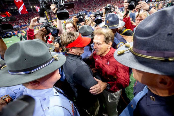 Kirby Smart and Nick Sabam meet postgame